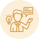 Line drawing of a person with a speech bubble and a light bulb above their head, representing ideas or communication.