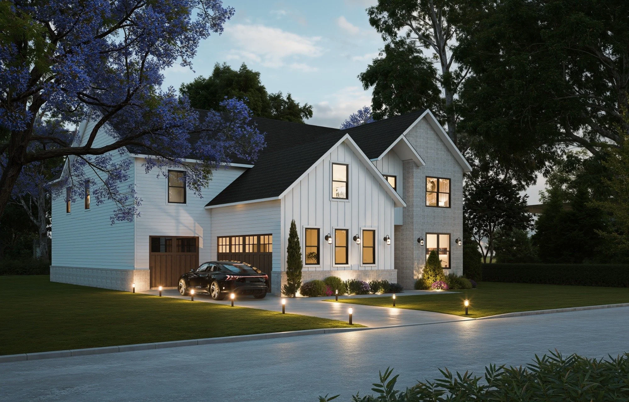 Modern white house with multiple rooflines, black windows, and a garage door. It has landscape lighting and a car parked in the driveway, surrounded by trees and a well-maintained lawn.