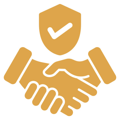 Illustration of two hands shaking with a shield and checkmark above them, symbolizing trust or agreement.