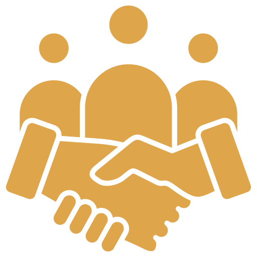 Icon of two hands shaking with three people in the background.
