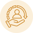 Hand holding a circular icon with a person silhouette and a curved arrow