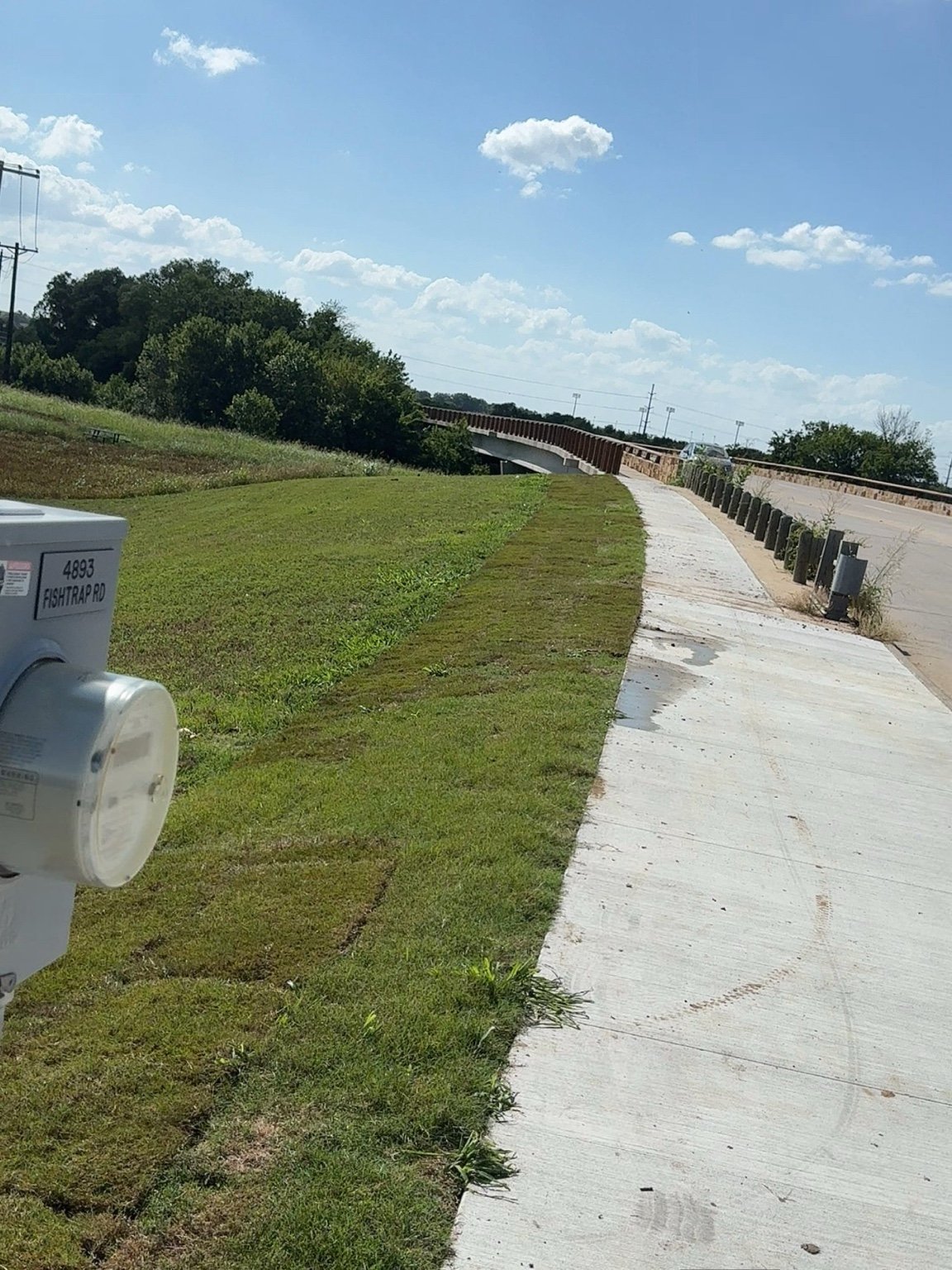 Roadside restoration — sod installation beside the sidewalk and bridge.