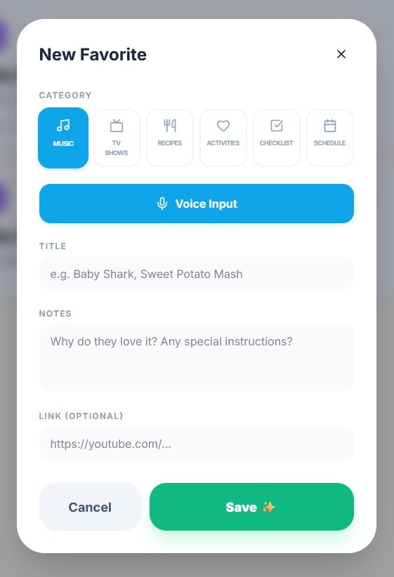 Screenshot of a digital form titled 'New Favorite' with categories like Music, TV Shows, Recipes, Activities, Checklist, and Schedule. The form has options for voice input, title, notes, and a link, with buttons to cancel or save.