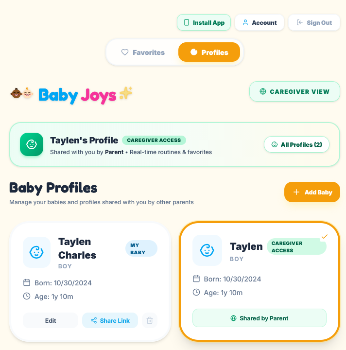 Screenshot of a baby profile management app showing two profiles for a boy named Taylen, born on October 30, 2024, both aged 1 year 10 months, with options to edit, share link, and manage caregiver access.