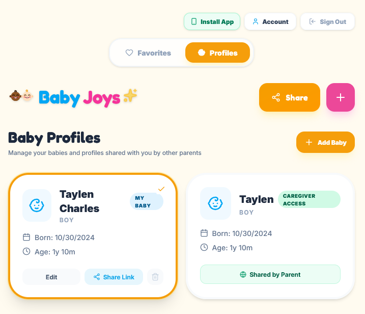 Screenshot of a baby profile management app with options for adding and sharing baby profiles. Shows two profiles for Taylen Charles, a boy born on October 30, 2024, age 1 year 10 months, with sharing options and caregiver access.