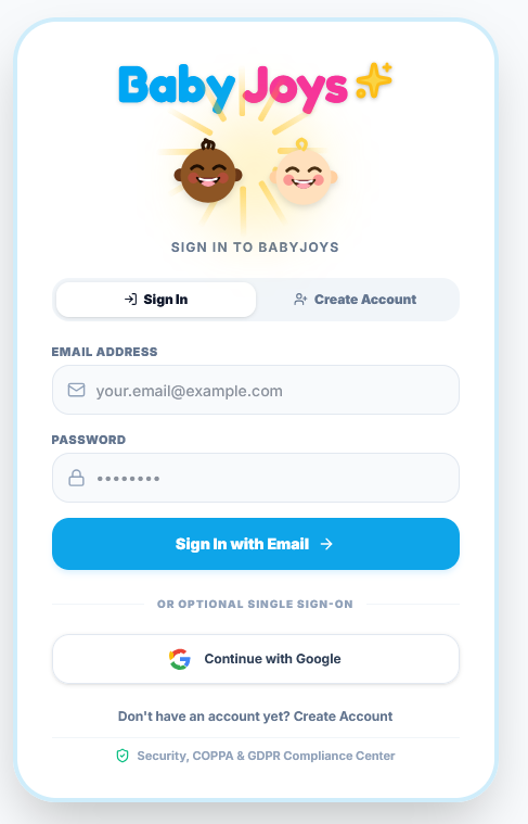 Baby Joys login screen with colorful logo, two smiling baby faces, sign-in options, email and password fields, and Google sign-in button.