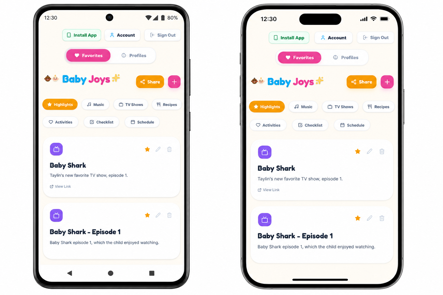 Screenshots of a child-friendly app named Baby Joys, featuring sections for favorites, profiles, highlights, music, TV shows, recipes, activities, checklist, and schedule. The app displays a list of episodes from the children's TV show Baby Shark, episode 1.