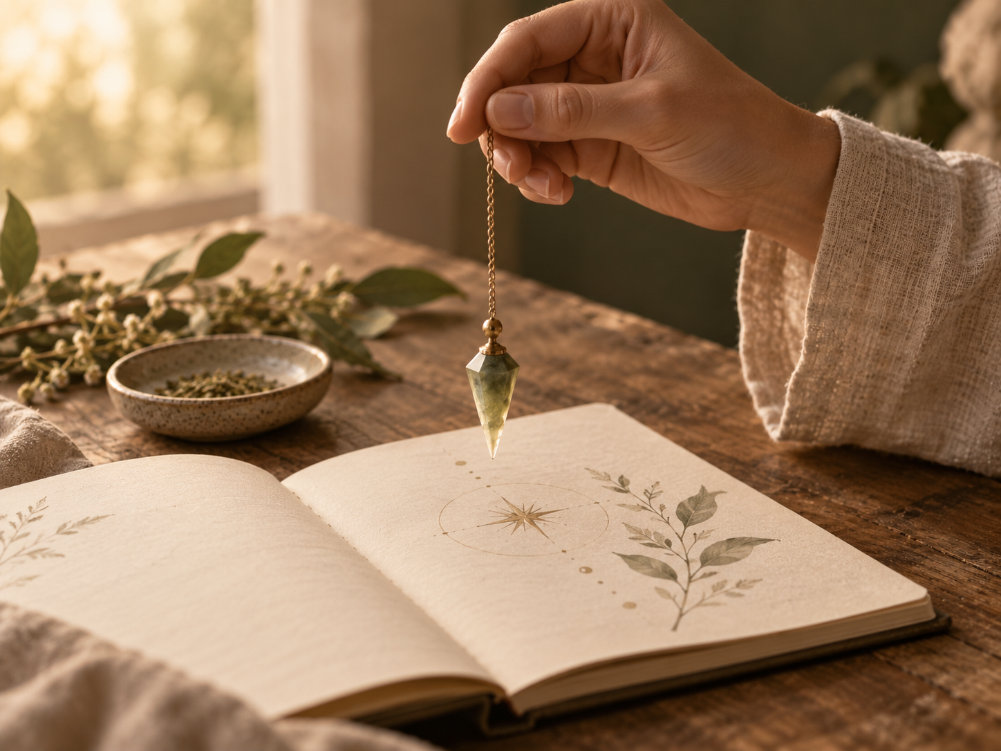 A hand holding a pendulum above an illustrated journal in warm natural light