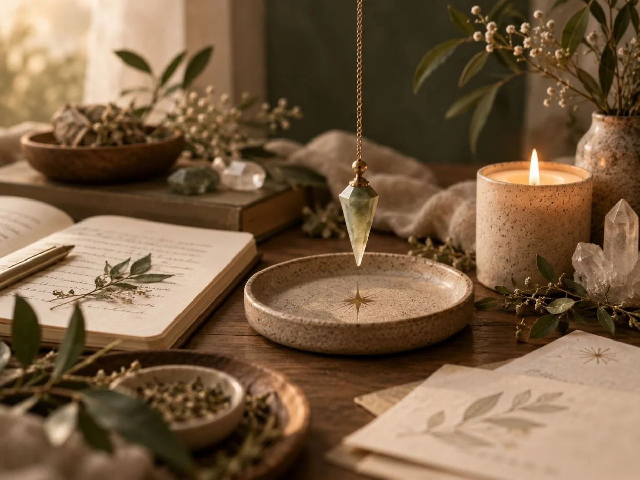 A pendulum suspended above a ceramic dish beside a journal, candle, crystals, and botanicals