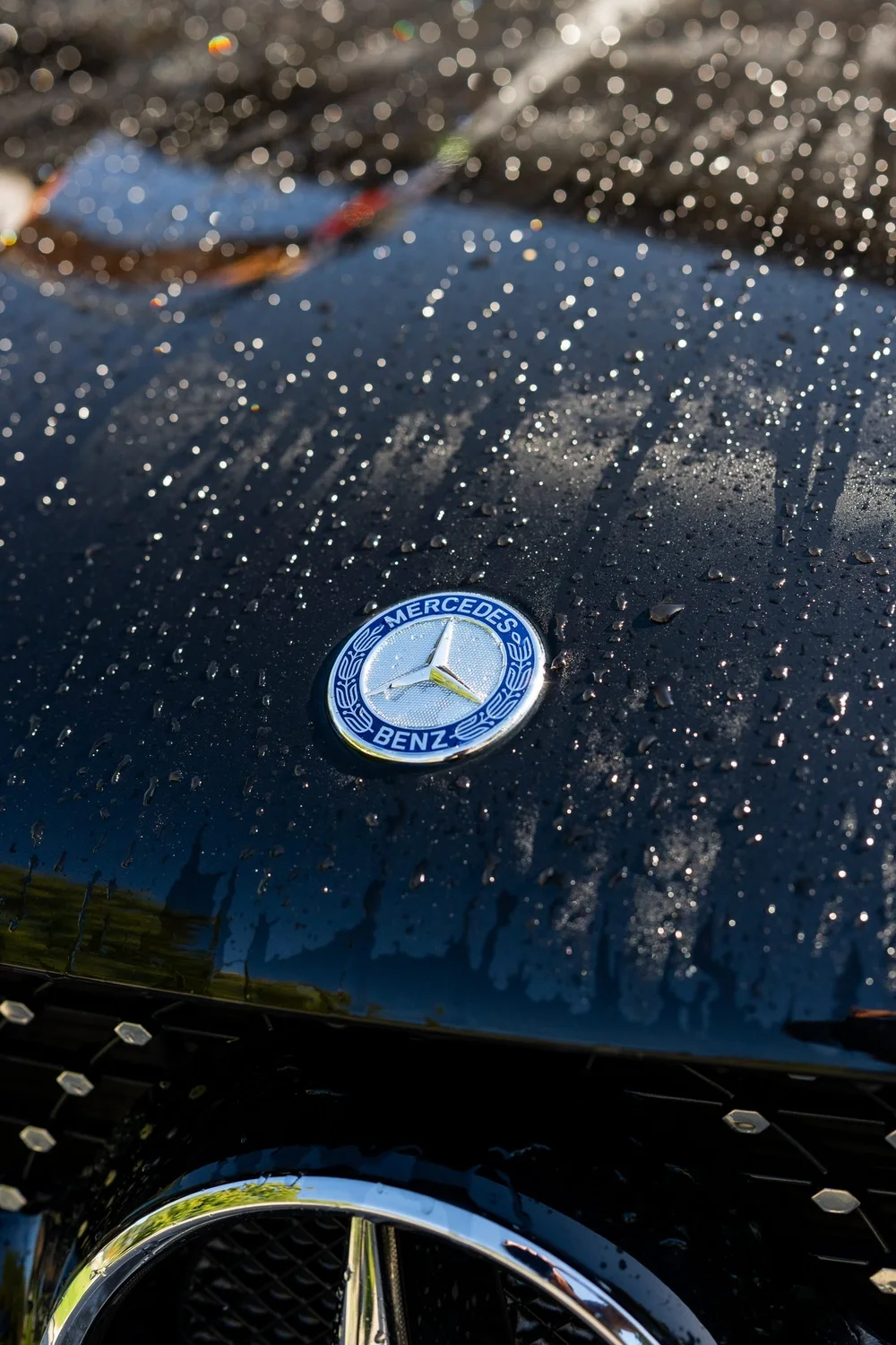 Water beads on a clean Mercedes hood emblem