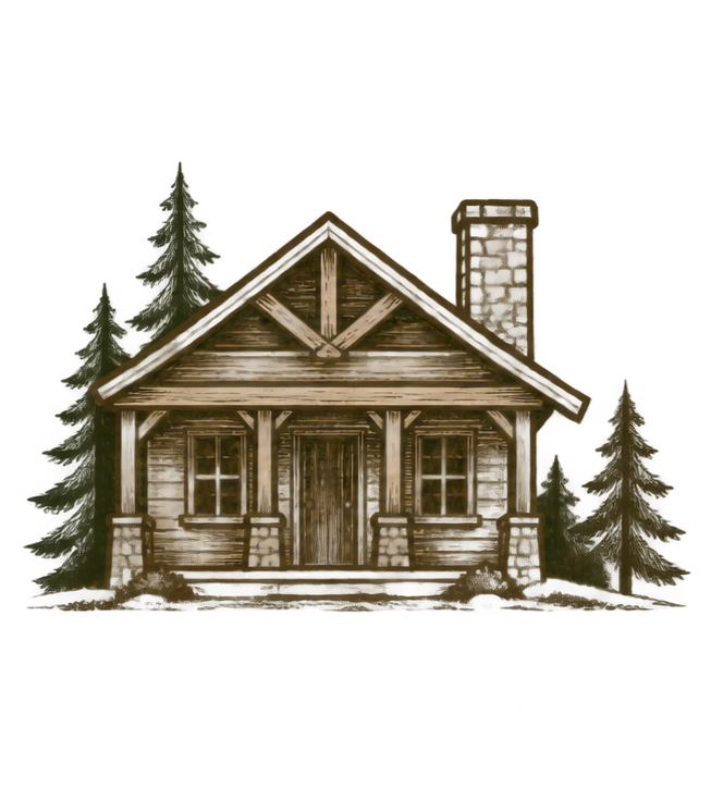 A wooden cabin with a clock face on the gable end, surrounded by pine trees, in a rustic setting.