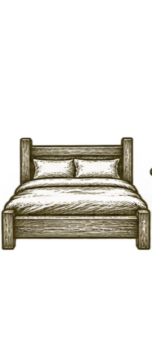 Illustration of a rustic wooden bed with a pillow and blanket, with some flowers on the side.