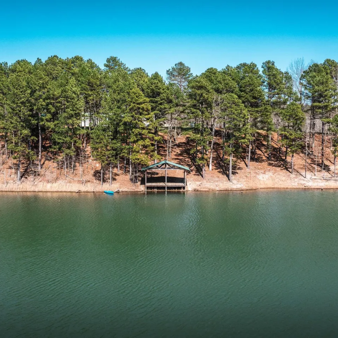 A lakeside view with green water, a small dock with a covered boat slip, and a wooded hill with pine trees under a clear blue sky.