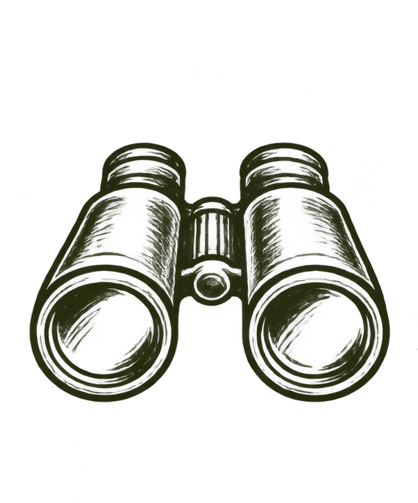 Black and white illustration of binoculars.