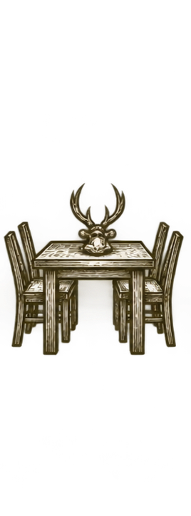 A wooden dining table with four chairs, featuring a decorative animal skull with horns as a centerpiece.