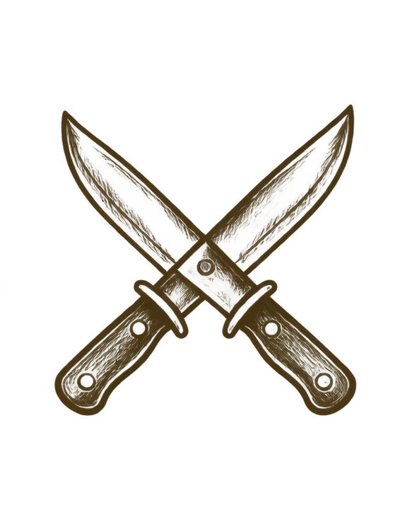Two crossed kitchen knives with black blades and wooden handles.