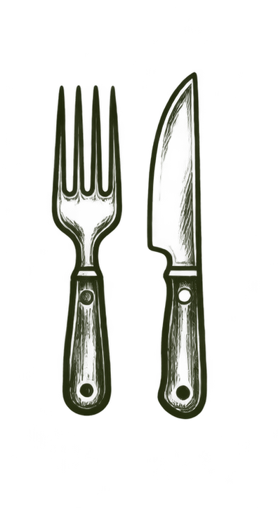 Simple black outline drawing of a fork and knife side by side.