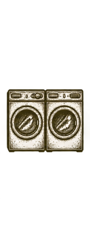 Graphic illustration of a front-loading washing machine and dryer set.