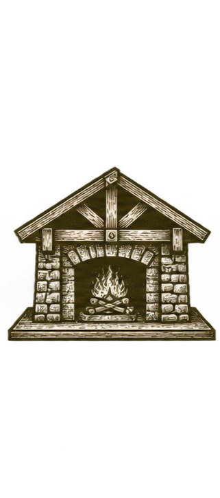 Illustration of a cozy stone fireplace with a burning fire and wooden mantle.