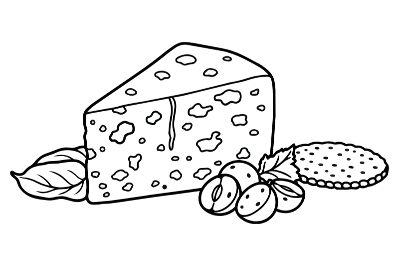 Drawing of a block of cheese, a cookie, and some grapes with leaves.