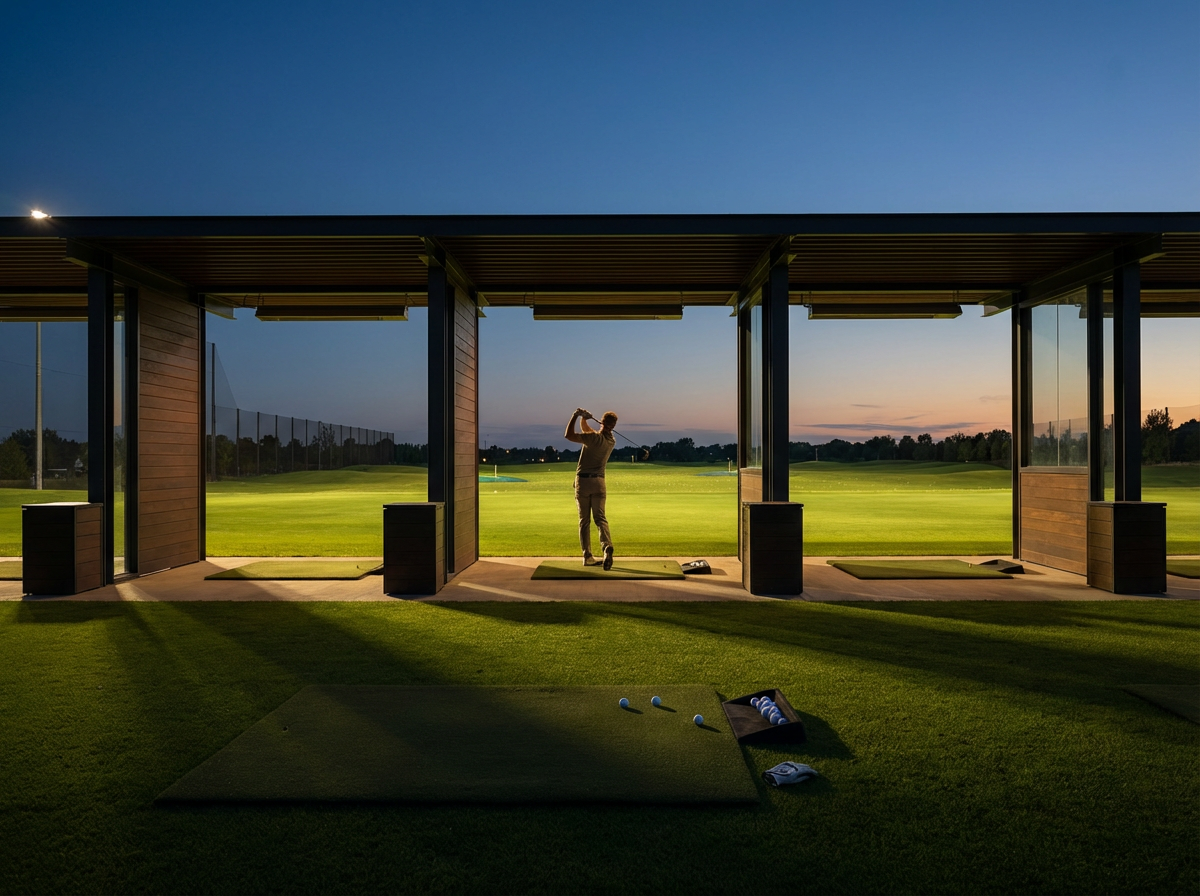 A golfer practicing at an outdoor driving range during twilight, with a clear sky and green field beyond.