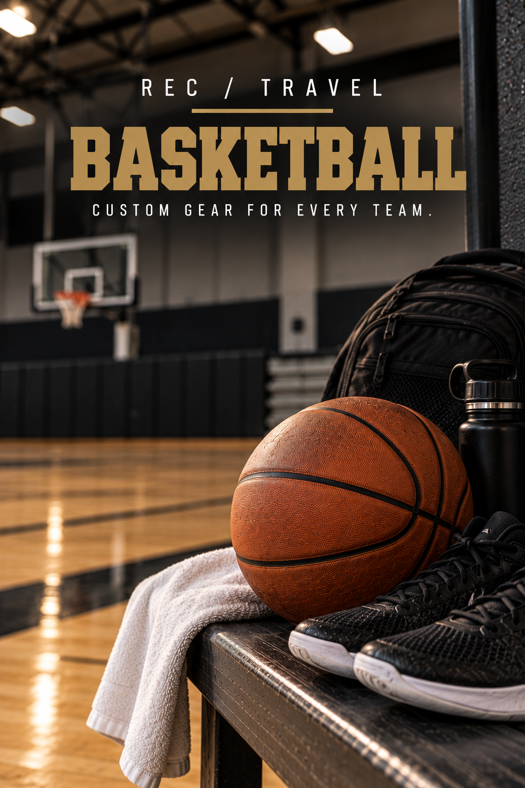 Basketball with shoes, water bottle, backpack, and towel on a bench in a basketball gym with a hoop in the background.