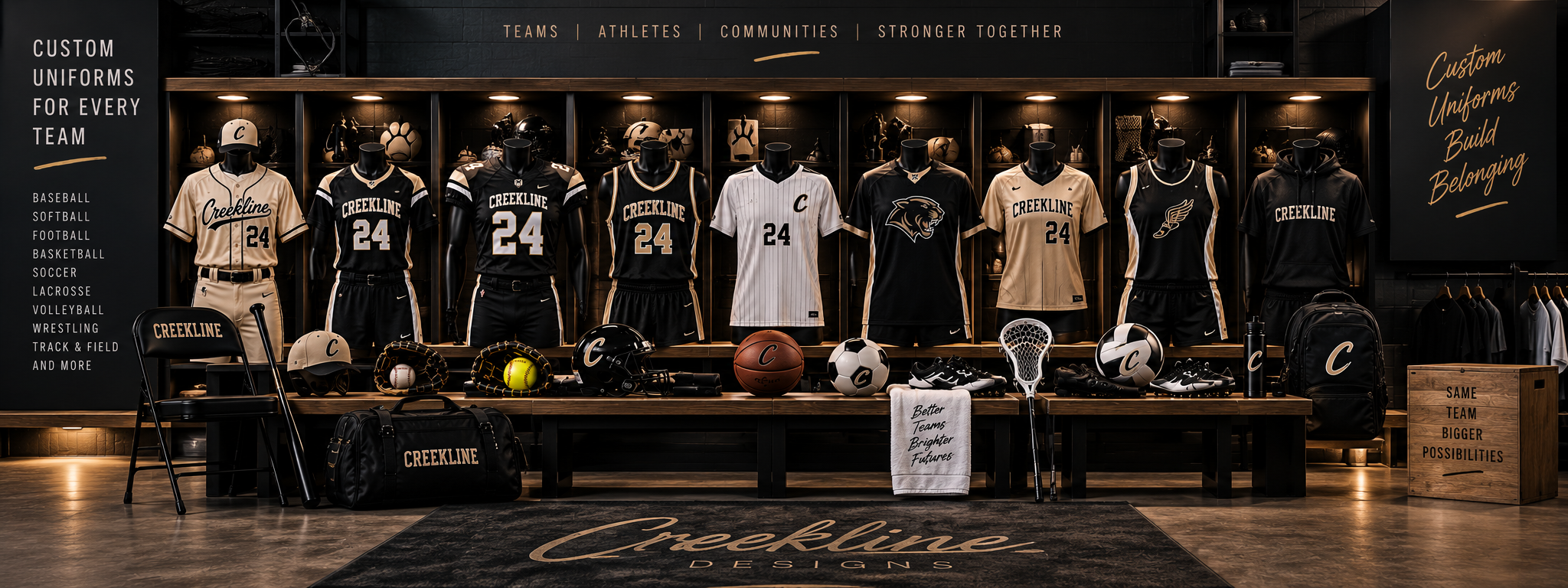 Display of sports uniforms, balls, and equipment in a store, with mannequins dressed in athletic jerseys and gear, promoting custom team apparel.