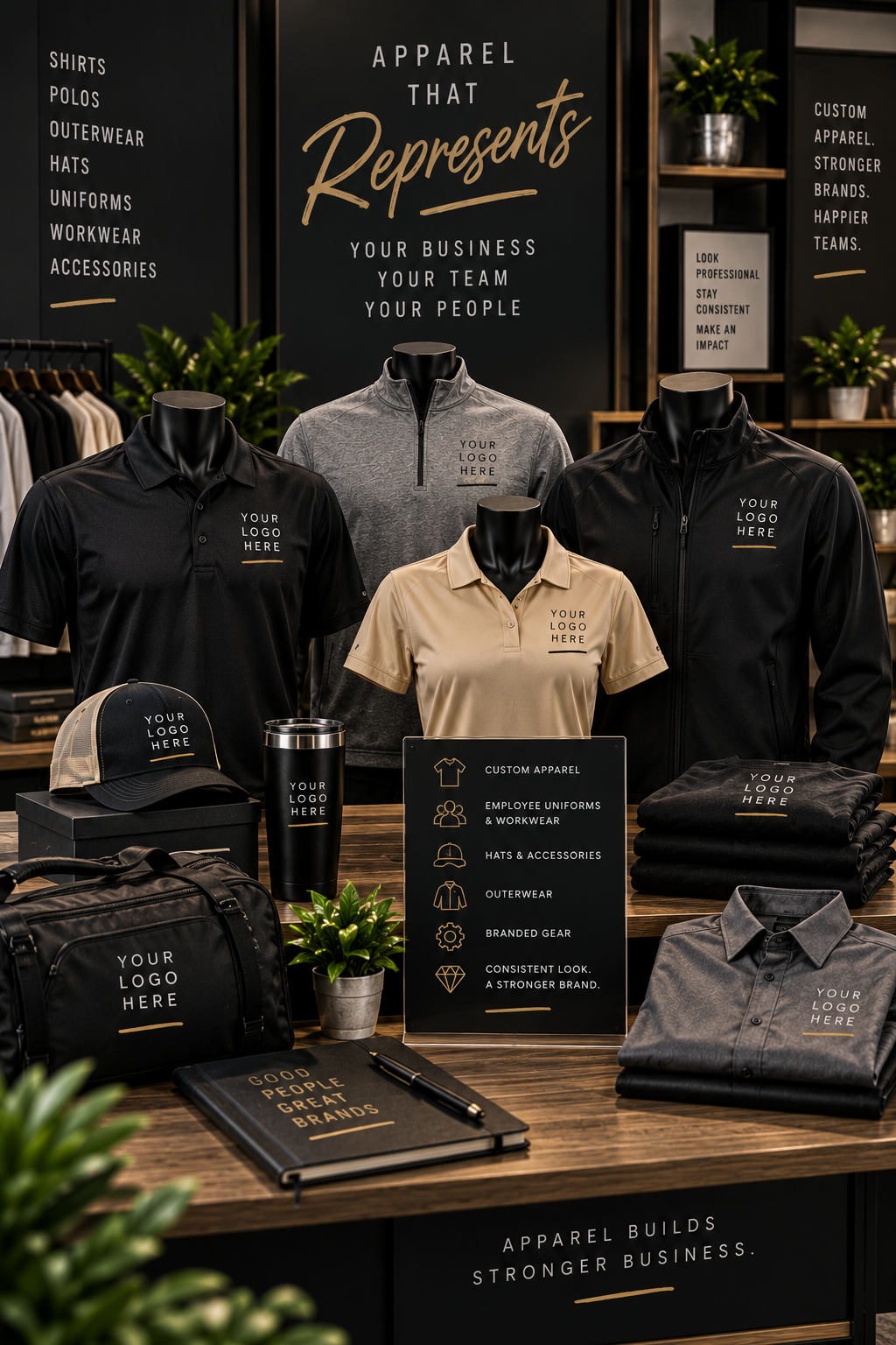 Display of customizable branded apparel and accessories, including polo shirts, jackets, hats, a duffel bag, a tumbler, and a notebook, with signage emphasizing branding and team building.