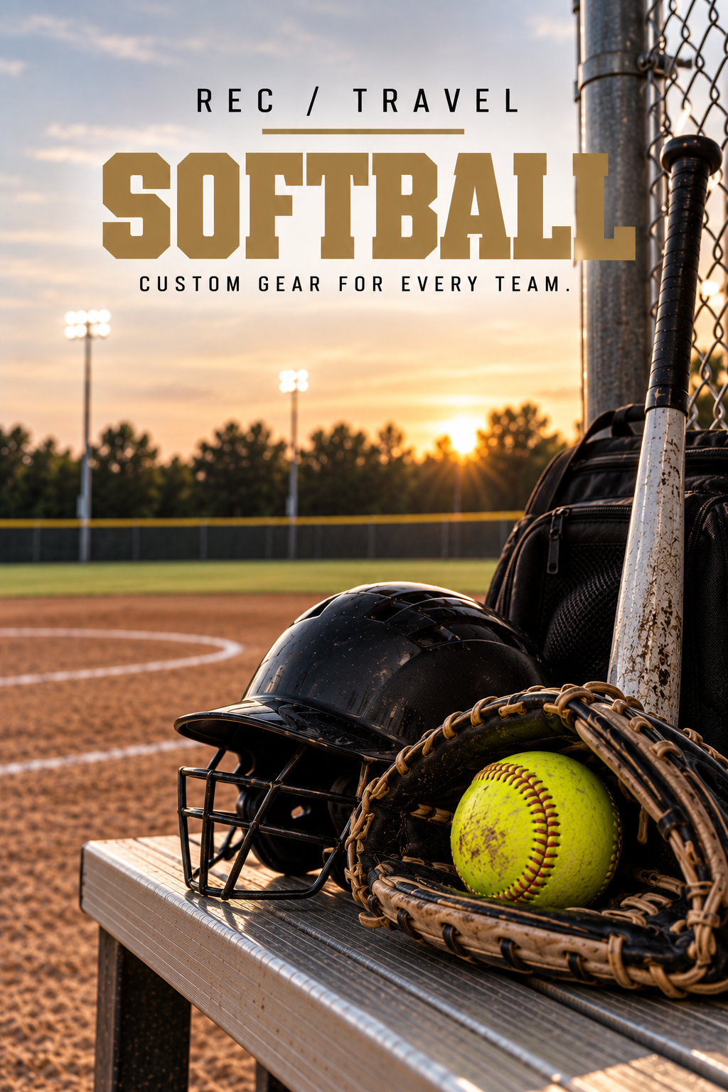 Softball equipment on a bench at a baseball field during sunset, including a helmet, softball, glove, backpack, and a fence with lights in the background.