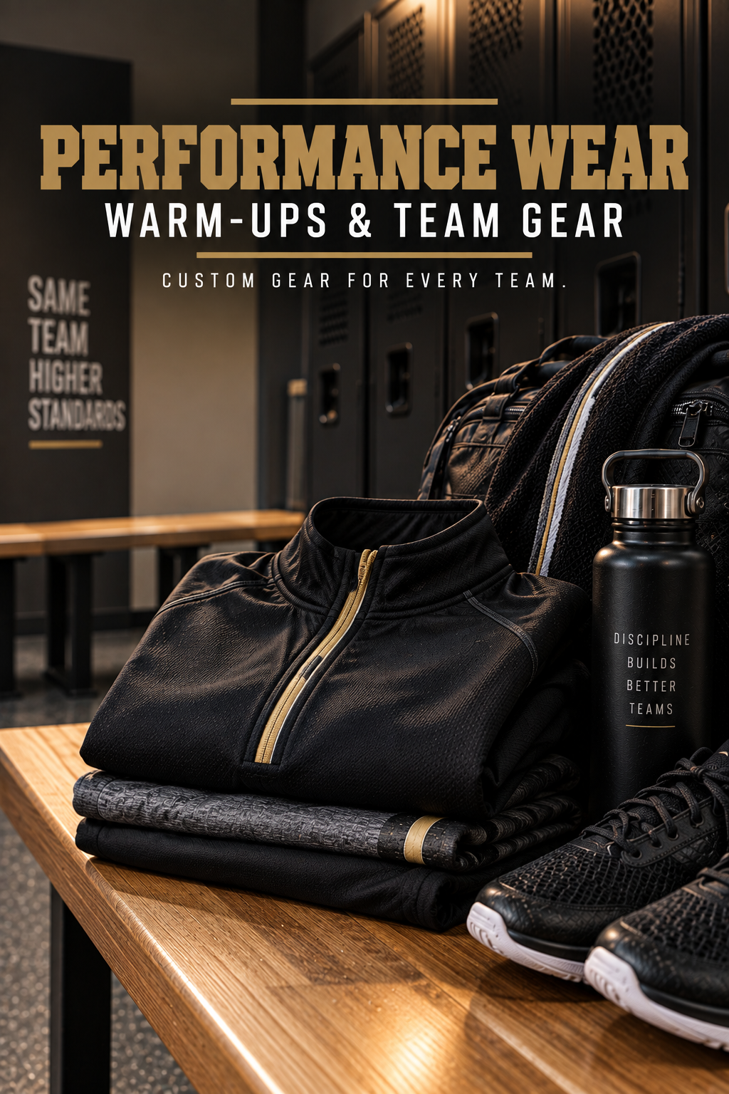 Set of performance athletic gear including a black jacket, backpack, water bottle, and athletic shoes displayed on a wooden bench in a locker room.