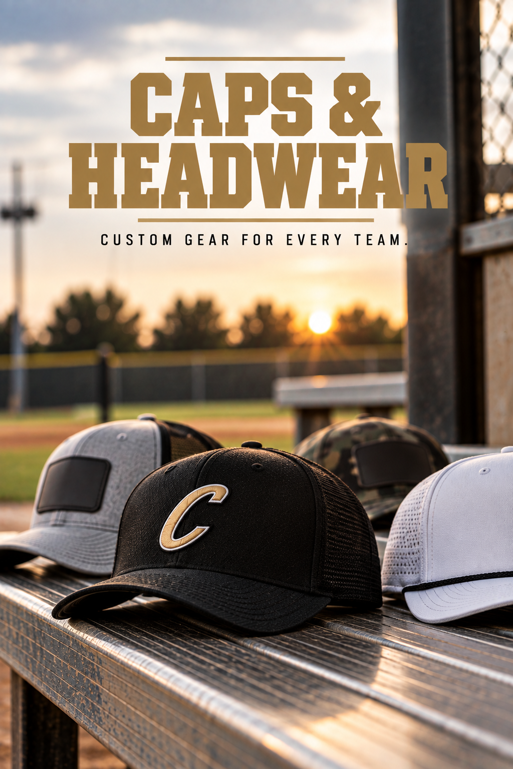 Baseball caps with custom gear on a bench at sunset, featuring a black cap with a 'C' logo, set against a sports field.