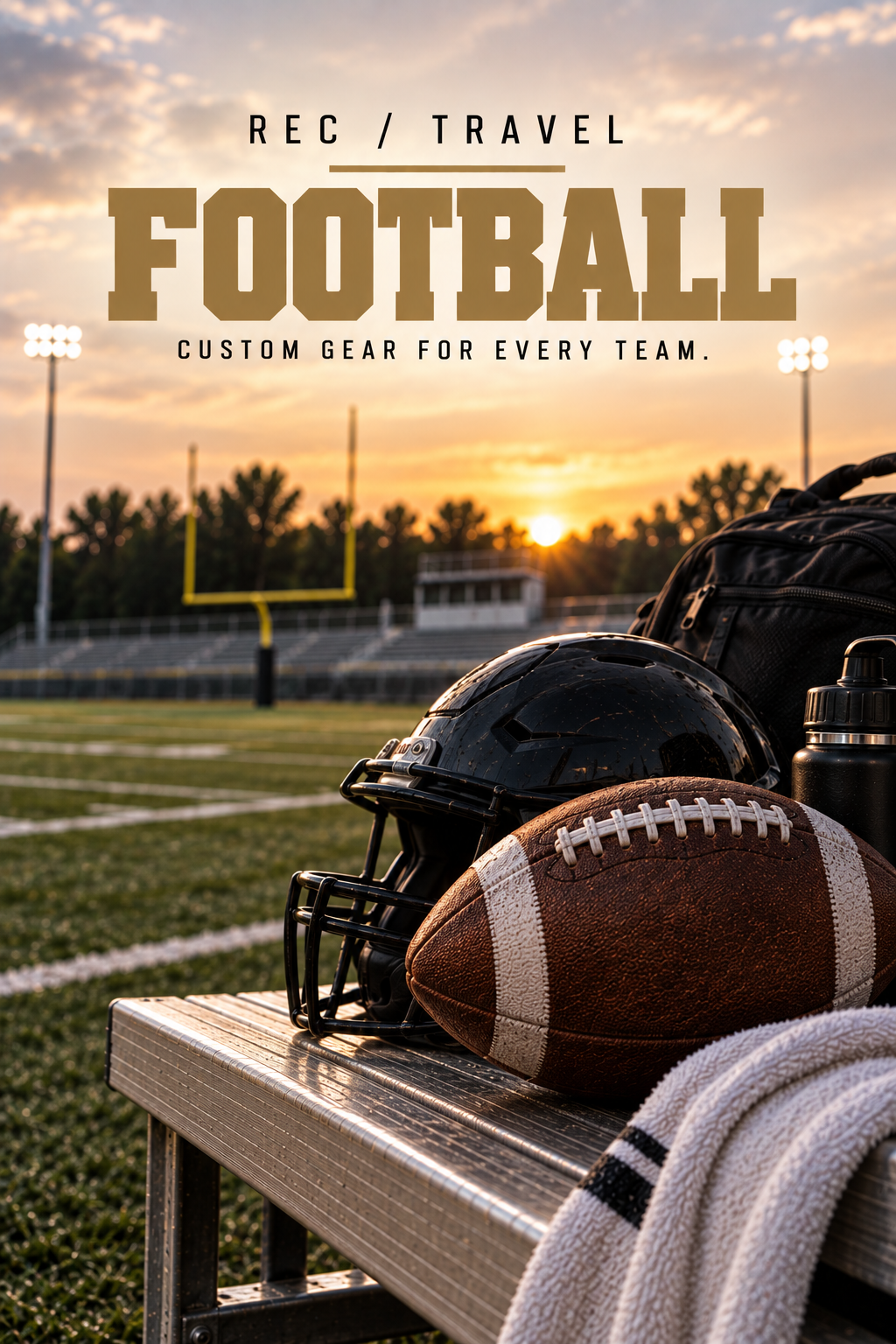 Football gear on a bench at a football field during sunset, including a helmet, football, water bottle, and towel.
