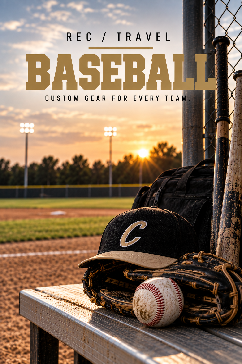 A baseball glove, cap, and ball on a bench at a baseball field during sunset with field lights in the background.