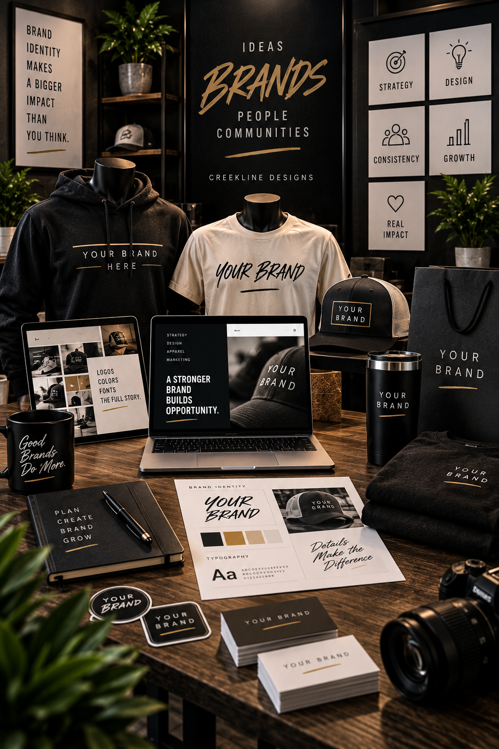 Display of branding materials and merchandise, including t-shirts, hats, mugs, stickers, and a laptop with branding design on the screen, set on a wooden table with informational posters and framed design ideas in the background.