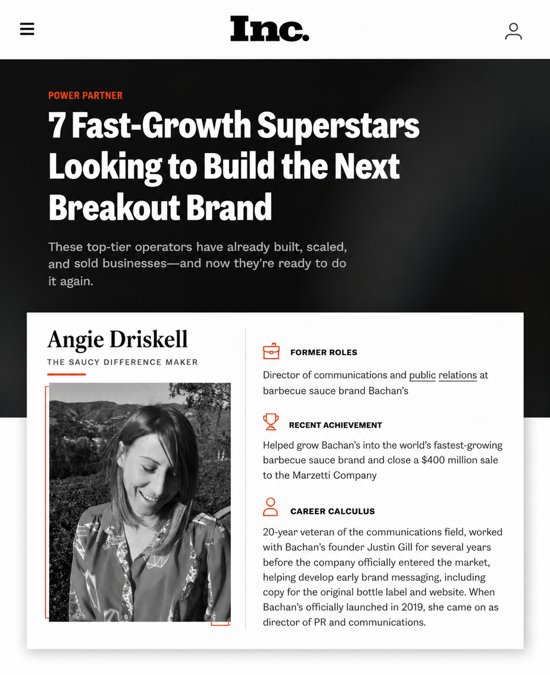 An article webpage from Inc. magazine titled "7 Fast-Growth Superstars Looking to Build the Next Breakout Brand," featuring a profile of Angie Driskell, with her black-and-white photo, former roles, achievements, and career background.