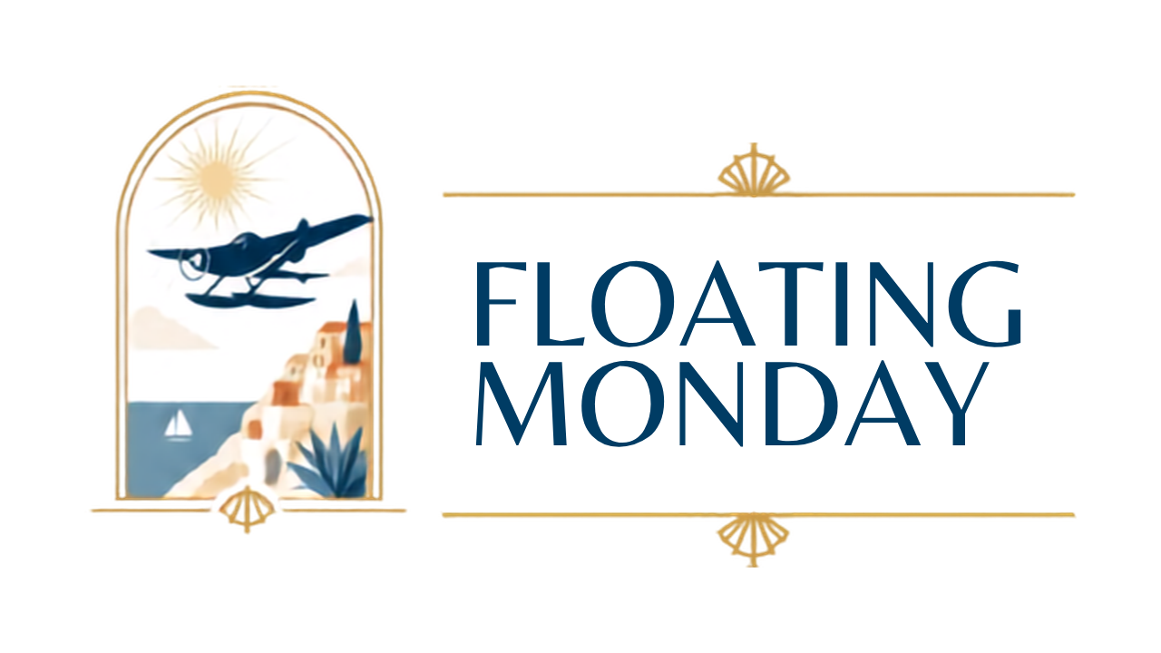 Floating Monday logo of a plane flying near the sun with a seaside town and water underneath