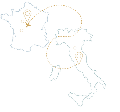 Map of Italy and France with airplane flying from Rome to Paris