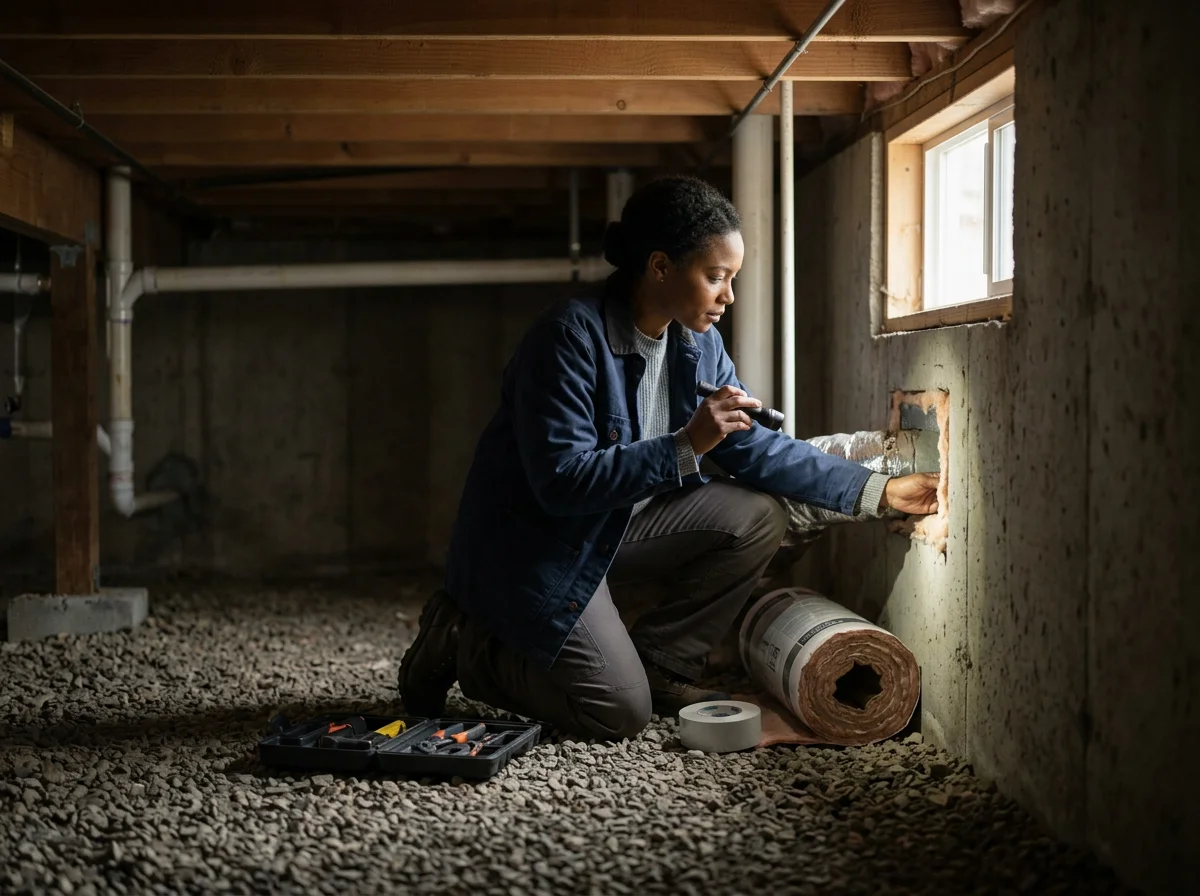 Home Energy Score assessor performing crawl‑space inspection in an Oregon home.
