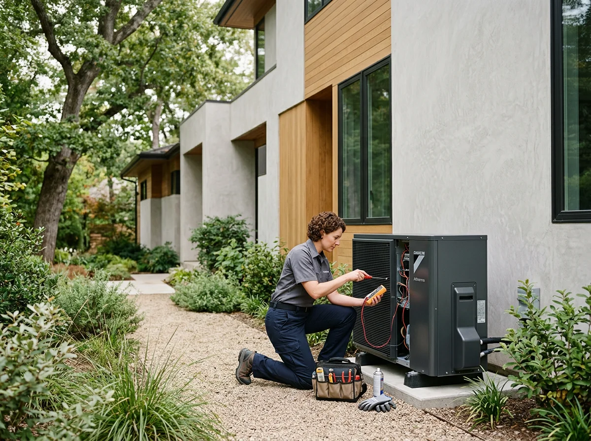 HVAC technician servicing a heat pump as part of energy‑efficiency upgrades eligible for rebates.