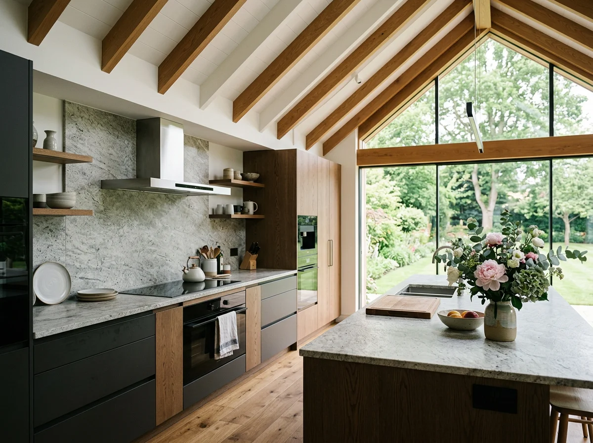 Kitchen remodel featuring new cabinets, stone countertops, and large windows.