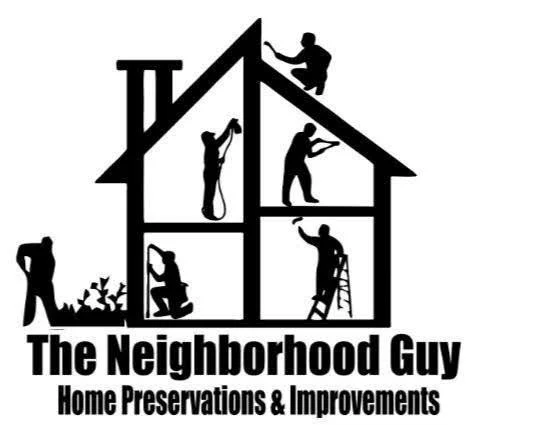 Silhouette illustration of people performing home maintenance and improvements inside and outside a house, with the text "The Neighborhood Guy Home Preservations & Improvements" below.