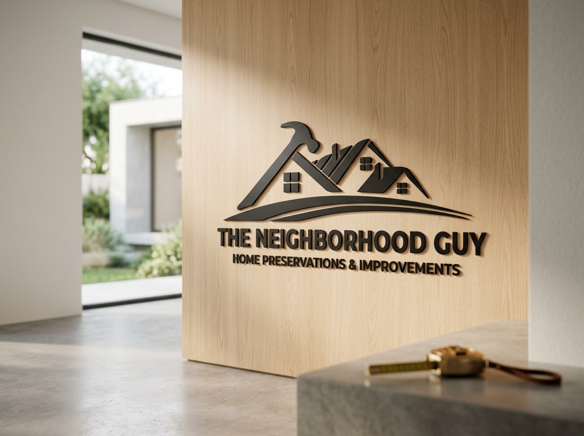 Sign for 'The Neighborhood Guy' with a logo of three house rooftops and a hammer, on a wooden wall in a modern home interior.