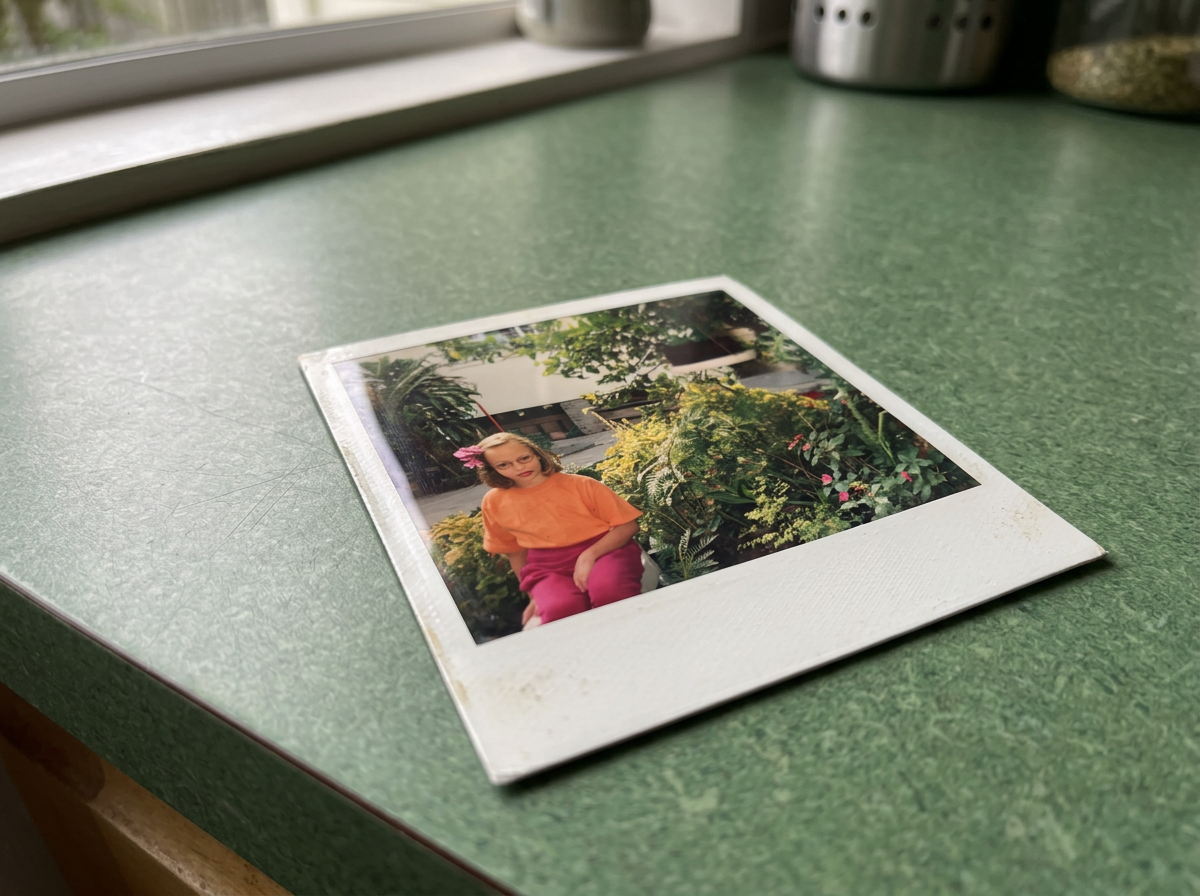 A printed photograph of a young girl with curly hair, wearing an orange top and pink bottoms, sitting in front of lush green plants with pink flowers.