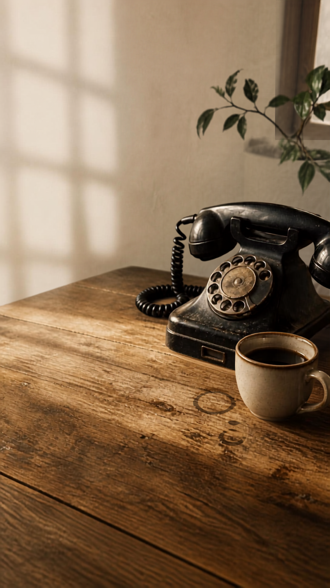 An old black rotary phone on a wooden table, with a mug of black coffee nearby and a green plant in the background.