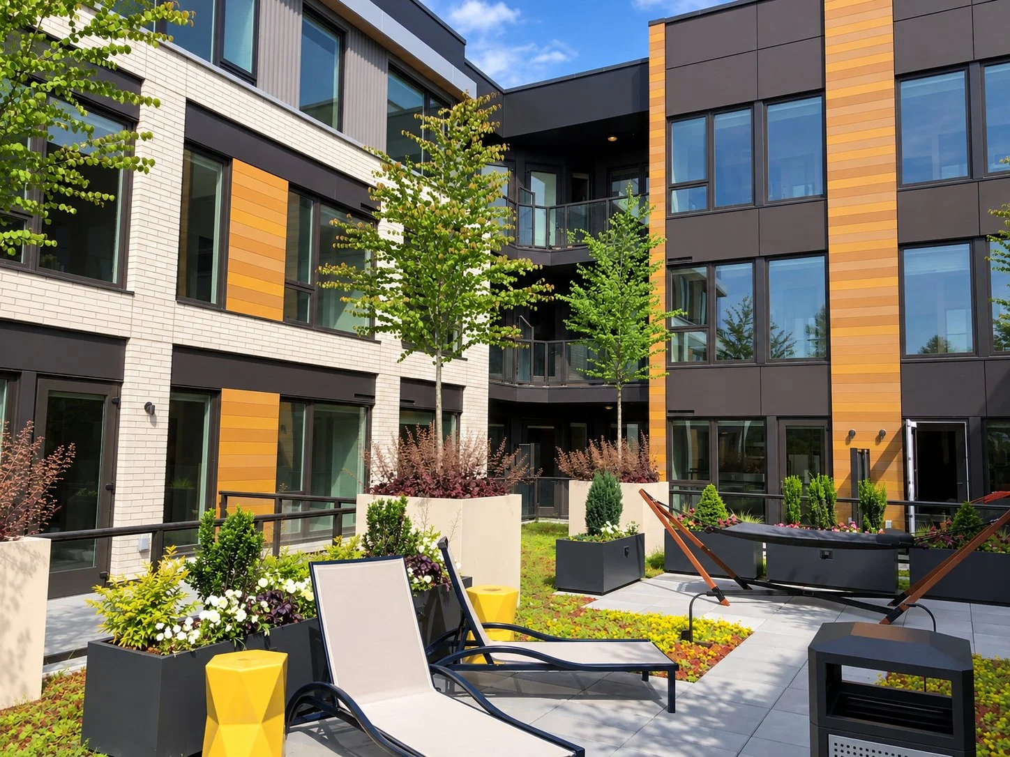 View of a modern apartment complex's outdoor patio with lounge chairs, potted plants, trees, and a hammock, surrounded by multi-story buildings with large windows and a clear blue sky.