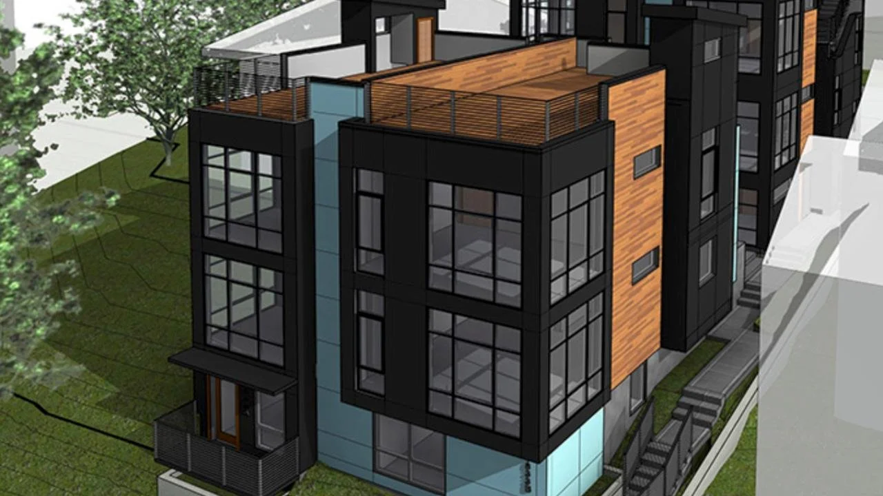 Architectural rendering of a modern multi-story residential building with black window frames, wooden exterior accents, and rooftop terraces, situated in a landscaped yard with trees and a sidewalk.