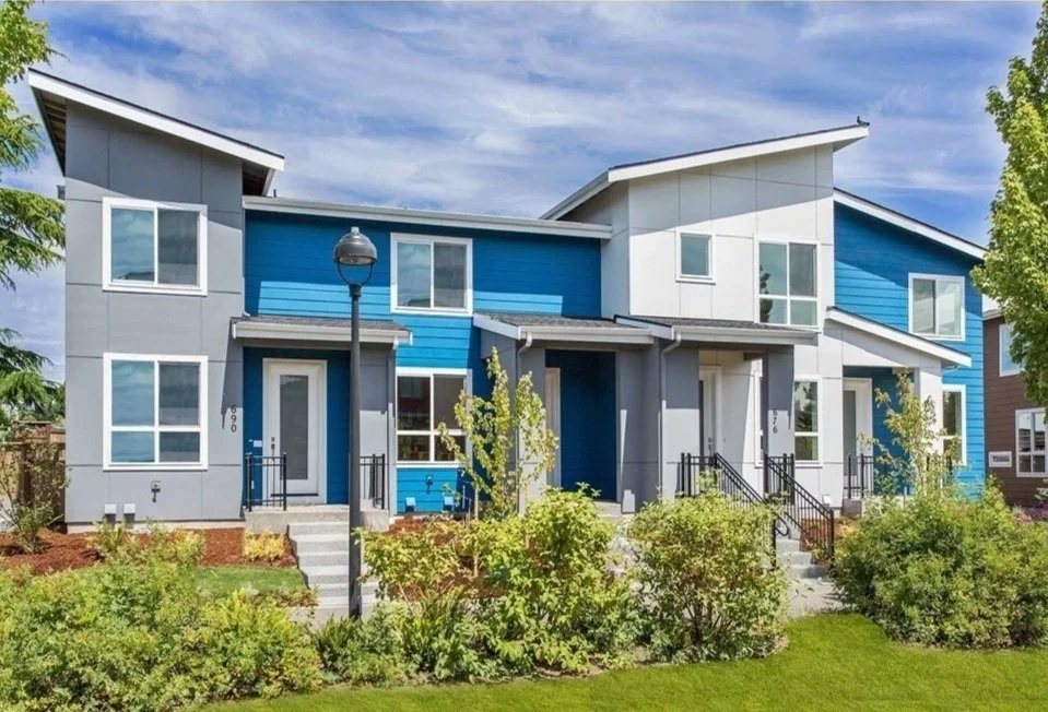 Multi-colored modern townhouses with blue, gray, and white exteriors, front yard landscaping, and cloudy sky.