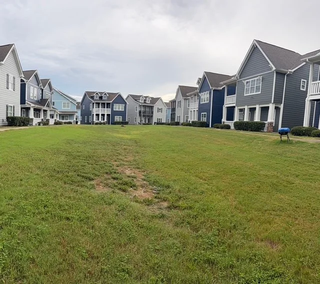 A grassy area in front of a row of multi-story, blue and gray houses with porches and gabled roofs.