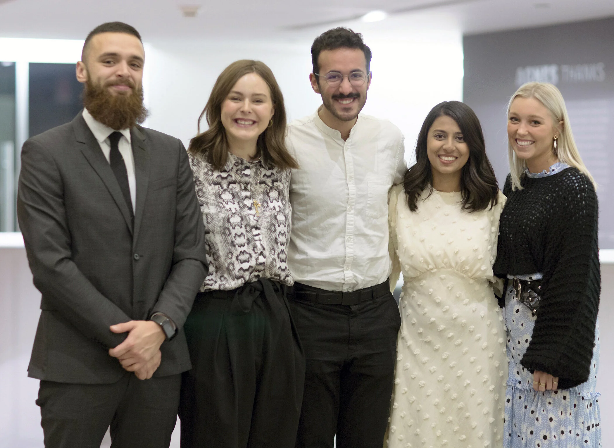 2019 student scholarship winners at the RCA Awards Ceremony, Agnes Etherington Art Centre, Queen’s University. From left: James Knapton, Department of Interior Design, School of Media and Design, Algonquin College; Ali Dixon, Department of Film and Media Studies, Queen’s University; Reda Berrada, Peter Guo-Hua Fu School of Architecture, McGill University; Jaudat Adnan, School of Architecture, Faculty of Architecture and Planning, Dalhousie University; and Kirstin Poulsen, Department of Fine Arts, Queen’s University