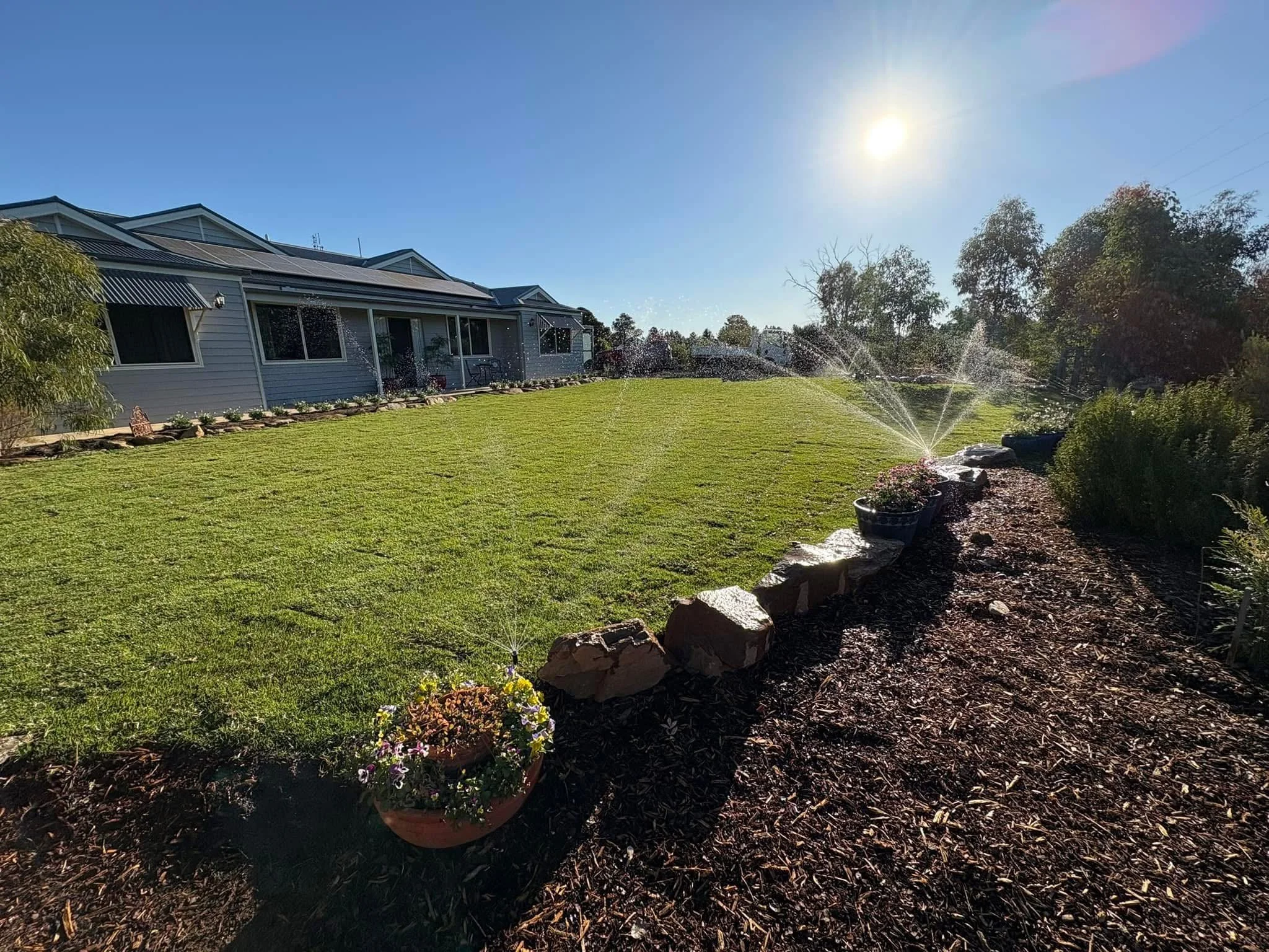 Large landscaped backyard with new lawn, garden beds and irrigation system.
